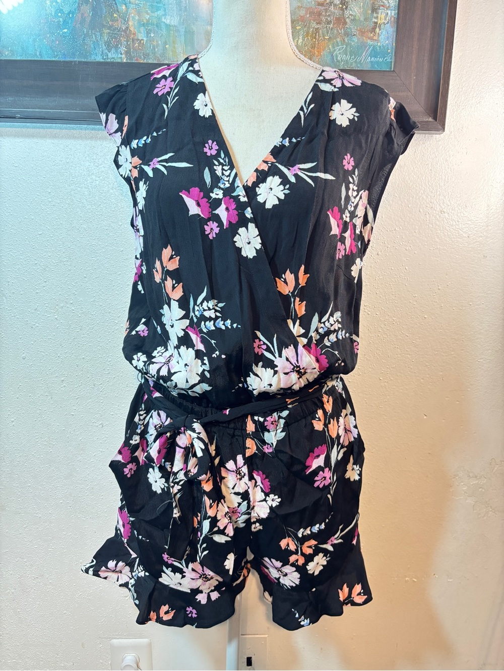 LOFT Black Floral V-Neck Tie-Waist Romper